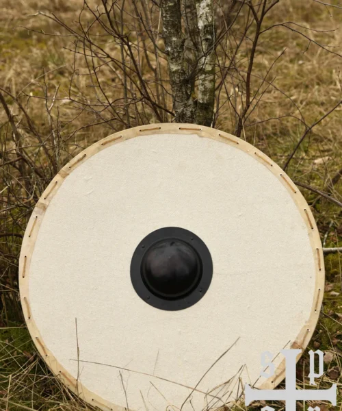 Wikinger Rundschild aus Holz und Segeltuch, mit Eisenbuckel